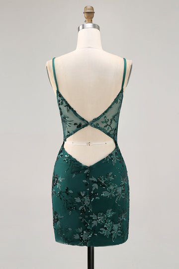 Bodycon Dark Green Cut Out Corset Homecoming Dress with Sequins